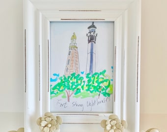 Fort Story Virginia Beach Lighthouses Watercolor Pen Giclee Art Print