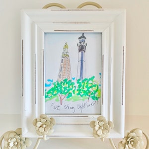 Fort Story Virginia Beach Lighthouses Watercolor Pen Giclee Art Print