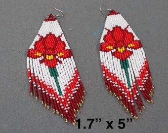 Beaded earrings, long flower earrings, chaquira/Huíchol Mexican earrings
