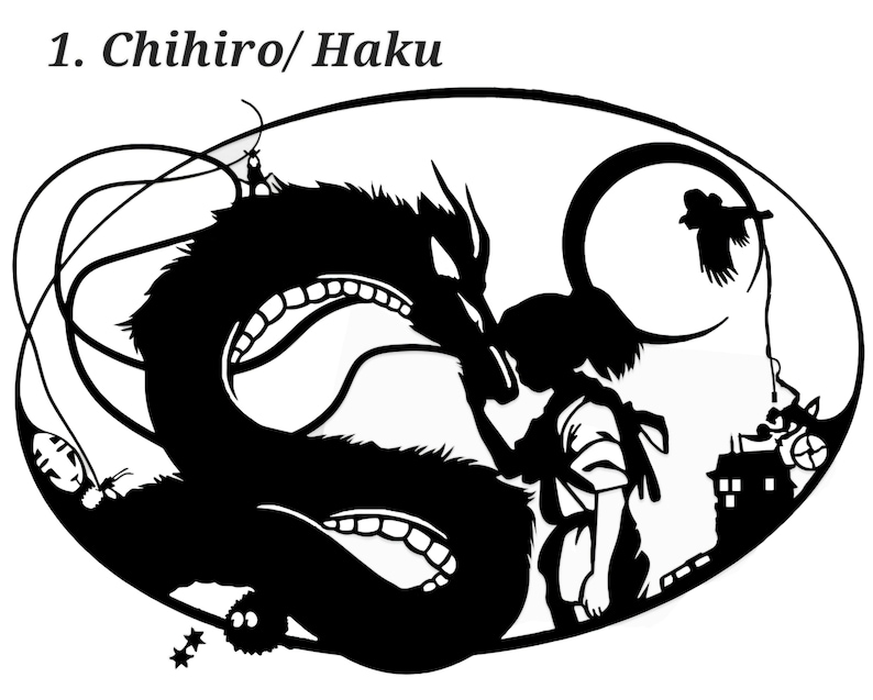 K&ouml;nnte beinhalten: Schwarz-wei&szlig;-Silhouettenillustration eines M&auml;dchens und eines Drachen aus dem Animationsfilm Chihiros Reise ins Zauberland. Das M&auml;dchen h&auml;lt den Kopf des Drachen und der Drache ist um sie herumgewickelt. Der Text "1. Chihiro/Haku" befindet sich oben im Bild.
