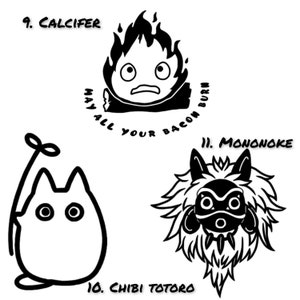 K&ouml;nnte beinhalten: Schwarzwei&szlig;e Illustrationen von Charakteren aus den Studio-Ghibli-Filmen. Das erste Bild zeigt einen Feuerd&auml;mon mit dem Text "M&ouml;ge all dein Speck brennen". Das zweite Bild zeigt eine katzenartige Kreatur mit einer Blume auf dem Kopf. Das dritte Bild zeigt eine wolfartige Kreatur mit einer Maske.