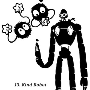 K&ouml;nnte beinhalten: Schwarzwei&szlig;illustration eines Roboters, der in einer Hand eine Blume h&auml;lt und eine kleine Kreatur auf der Schulter. Der Roboter ist mit "13. Kind Robot" beschriftet. Zwei schwarzwei&szlig;e Kreaturen mit gro&szlig;en Augen und kleinen Fl&uuml;geln fliegen &uuml;ber dem Roboter. Die Kreaturen sind mit "12. Soot Gremlin" beschriftet.