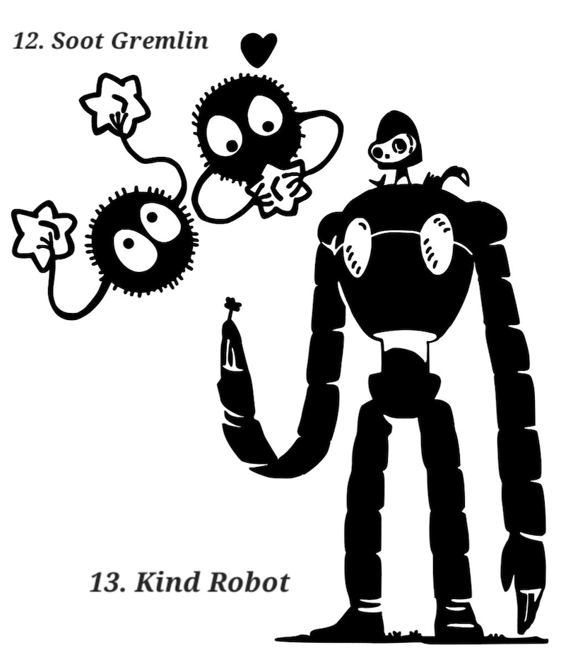 K&ouml;nnte beinhalten: Schwarzwei&szlig;illustration eines Roboters, der in einer Hand eine Blume h&auml;lt und eine kleine Kreatur auf der Schulter. Der Roboter ist mit "13. Kind Robot" beschriftet. Zwei schwarzwei&szlig;e Kreaturen mit gro&szlig;en Augen und kleinen Fl&uuml;geln fliegen &uuml;ber dem Roboter. Die Kreaturen sind mit "12. Soot Gremlin" beschriftet.