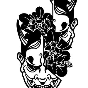 May include: Black and white illustration of a Japanese demon mask with floral details. The mask has sharp teeth and horns, and is partially obscured by a stylized flower.