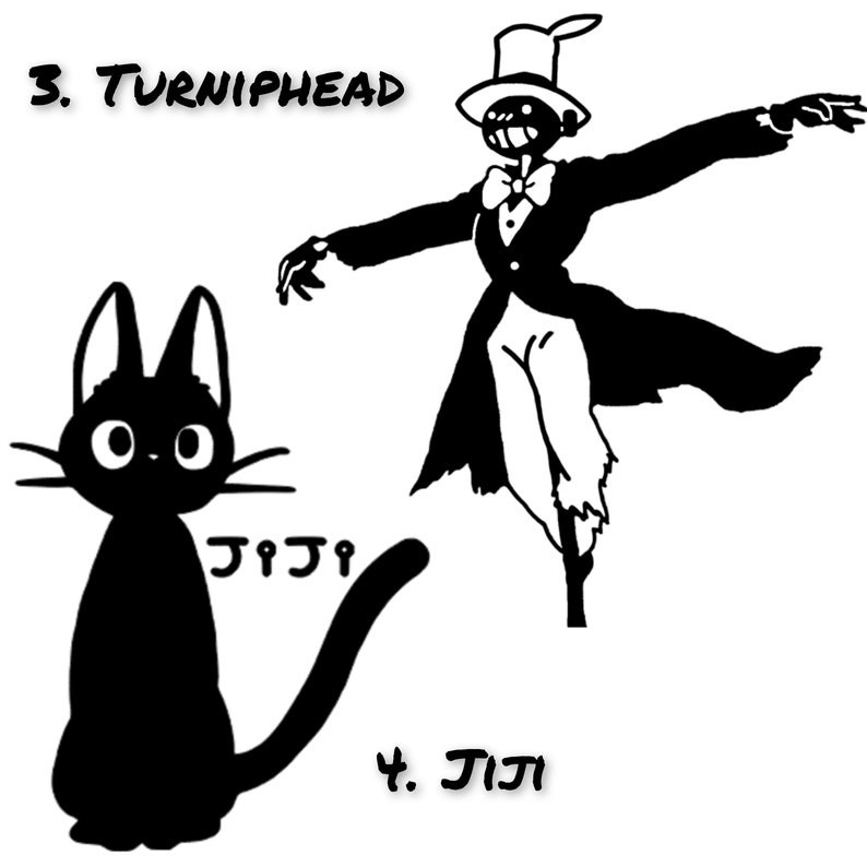 K&ouml;nnte beinhalten: Schwarzwei&szlig;-Illustration eines Vogelscheuchens mit einem Zylinder und einer schwarzen Katze. Die Vogelscheuche ist mit "3. Turniphead" und die Katze mit "4. Jiji" beschriftet.