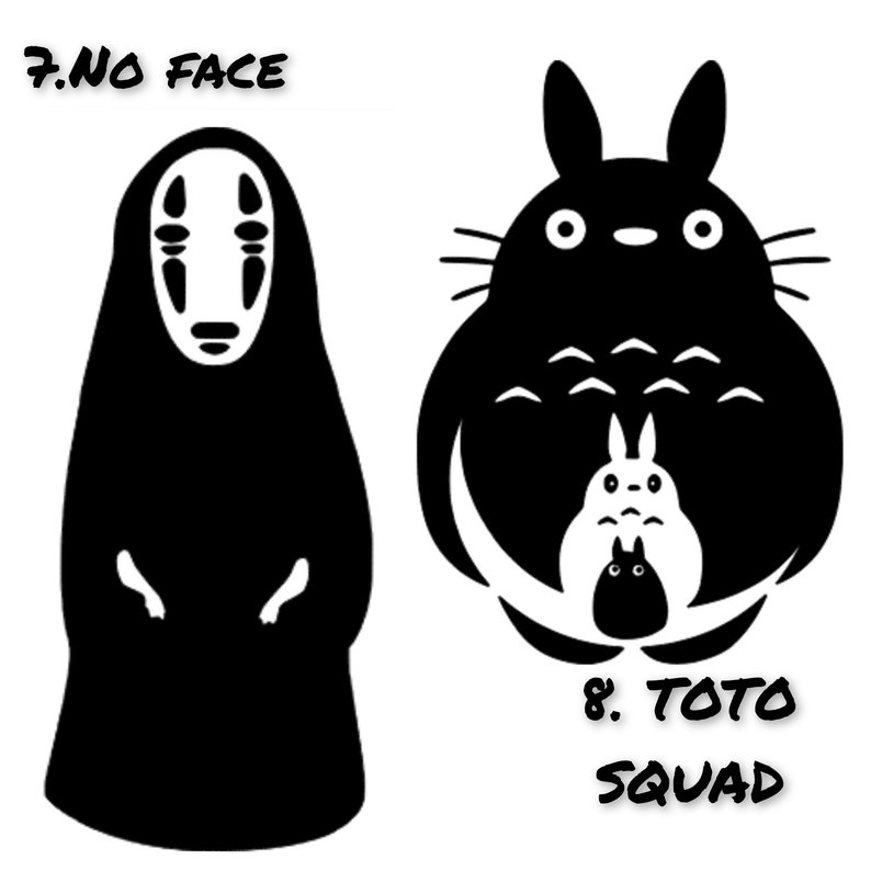 K&ouml;nnte beinhalten: Schwarzwei&szlig;-Illustration von zwei Figuren aus dem Animationsfilm 'Mein Nachbar Totoro'. Die Figur links ist Ohne Gesicht aus 'Chihiros Reise ins Zauberland'. Die Figur rechts ist Totoro, mit zwei kleineren Totoros in ihm. Der Text '7. No Face' befindet sich &uuml;ber der Figur Ohne Gesicht. Der Text '8. Toto Squad' befindet sich unter der Figur Totoro.