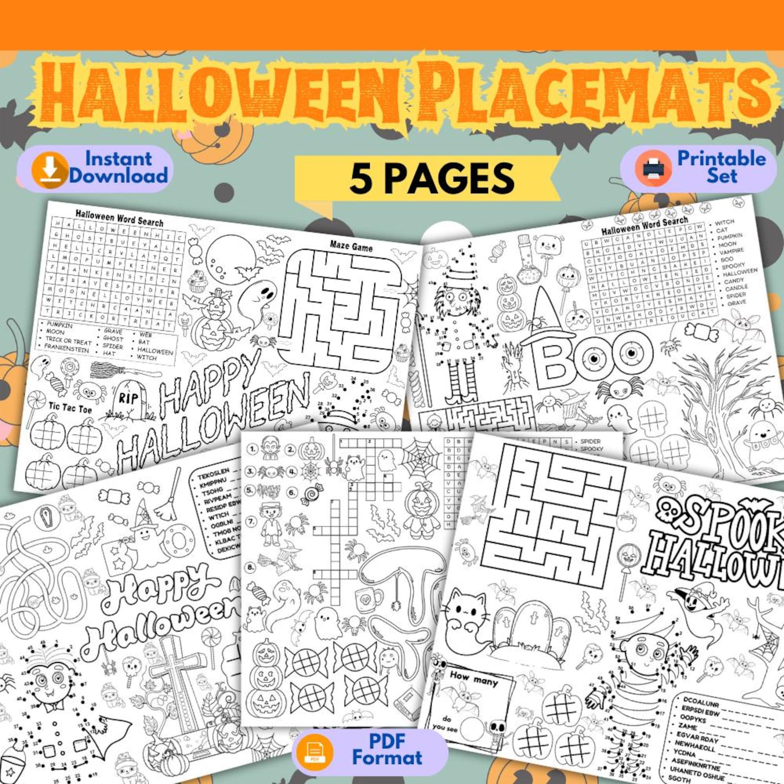 Five-page Halloween coloring and puzzle placemat set preview.