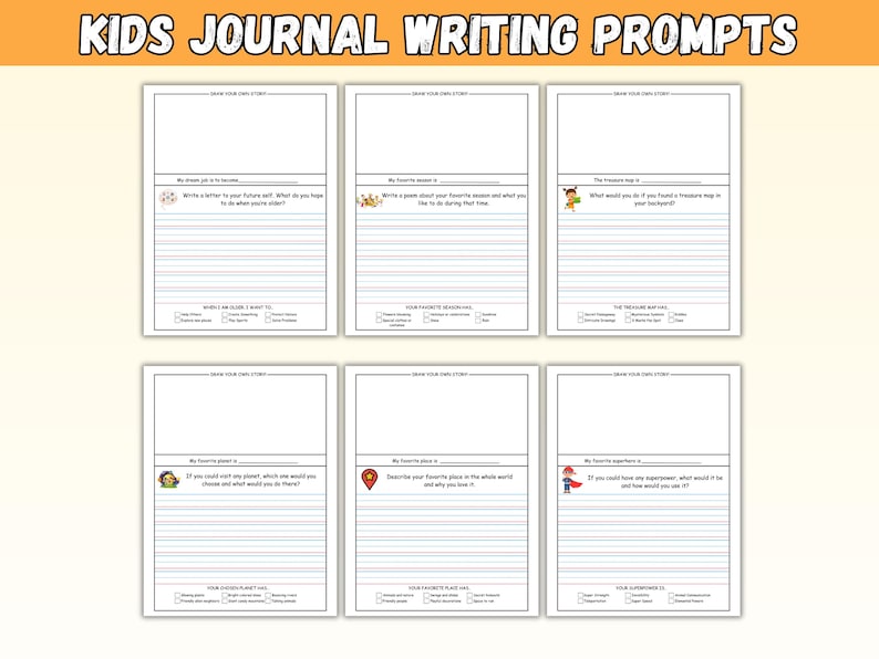 May include: A set of six journal writing prompts for kids. Each page has a writing prompt with lines for writing and checkboxes at the bottom. The top of the image reads "KIDS JOURNAL WRITING PROMPTS".