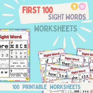 May include: A set of 100 printable worksheets for learning sight words. Each worksheet features a different sight word and includes activities like tracing, circling, and coloring. The worksheets are designed for young learners and are a fun and engaging way to practice sight words.