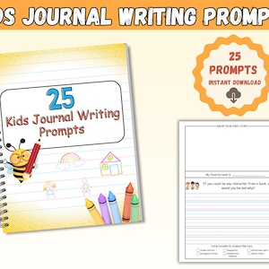 Pode incluir: Um diário em espiral com o texto "25 Kids Journal Writing Prompts" e uma abelha de desenho animado segurando um lápis. Um crachá diz "25 Prompts Instant Download". Uma página com sugestões de escrita também é mostrada.