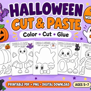 May include: A set of 10 Halloween cut and paste worksheets featuring black and white line art for children to color, cut, and glue. The pages include activities to build a pumpkin, bat, ghost, black cat, and mummy, with digital download text.