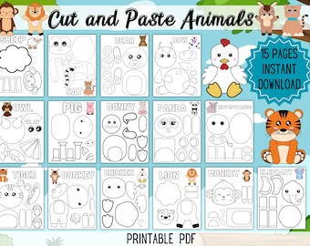 May include: A printable PDF featuring cut-and-paste animal templates, including a sheep, cat, bear, cow, owl, pig, bunny, panda, hippo, tiger, donkey, chicken, lion, monkey, and elephant. The image also includes the text "Cut and Paste Animals" and "15 Pages Instant Download."