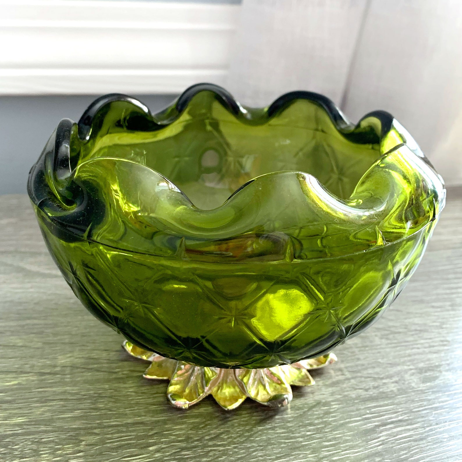 Vintage Green Glass Candy Bowl with Pedestal Etched Candy | Etsy