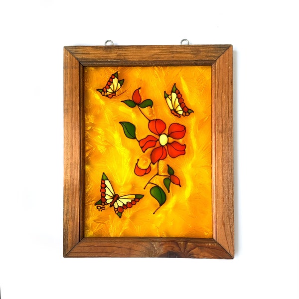 Vintage Hand Painted Glass Artwork - Framed Panel Butterfly Flower Butterflies Floral Retro Suncatcher Sun Catcher Light Window Hanging Art