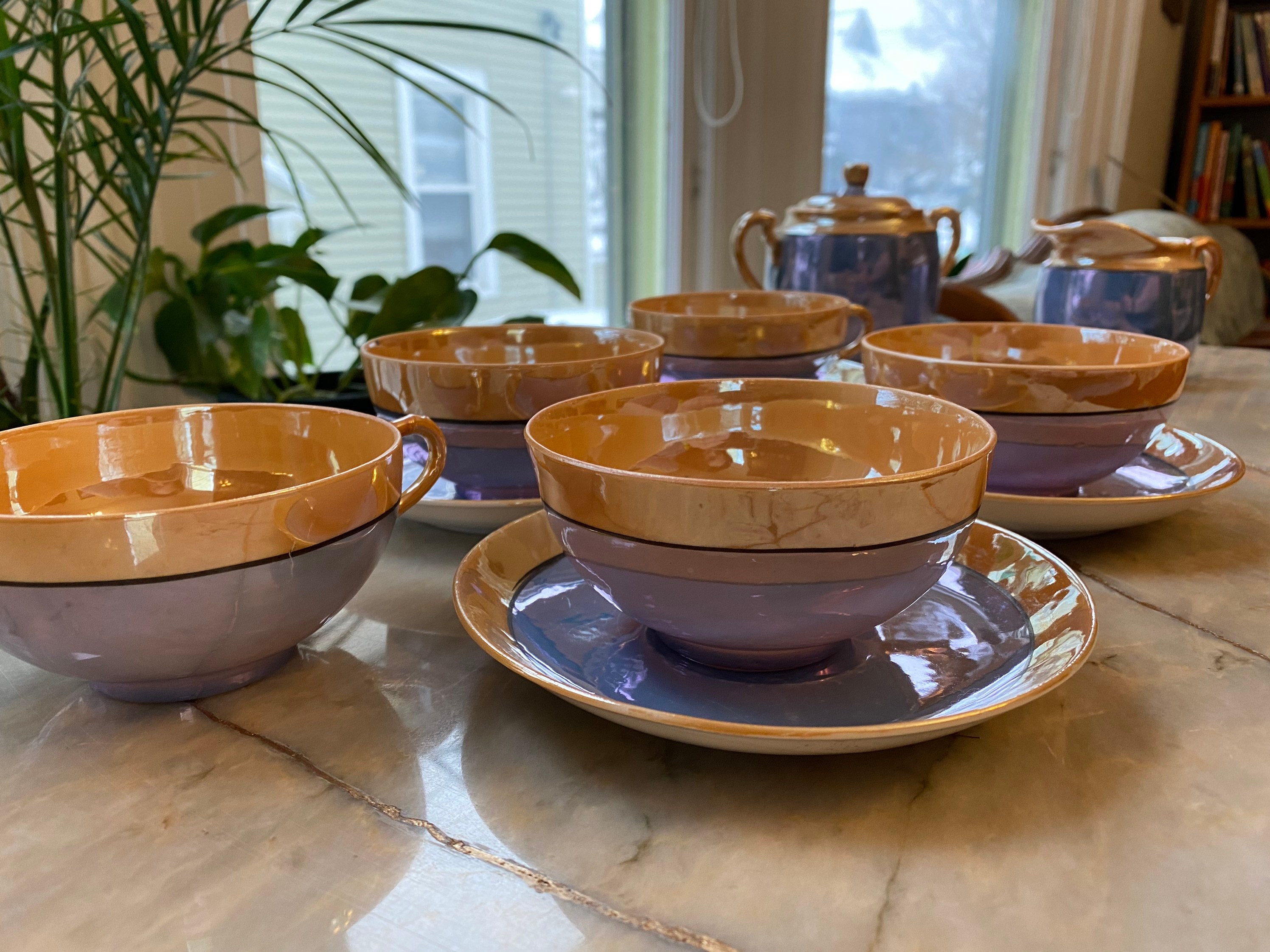 Orange and Blue iridescent Tea Set Etsy