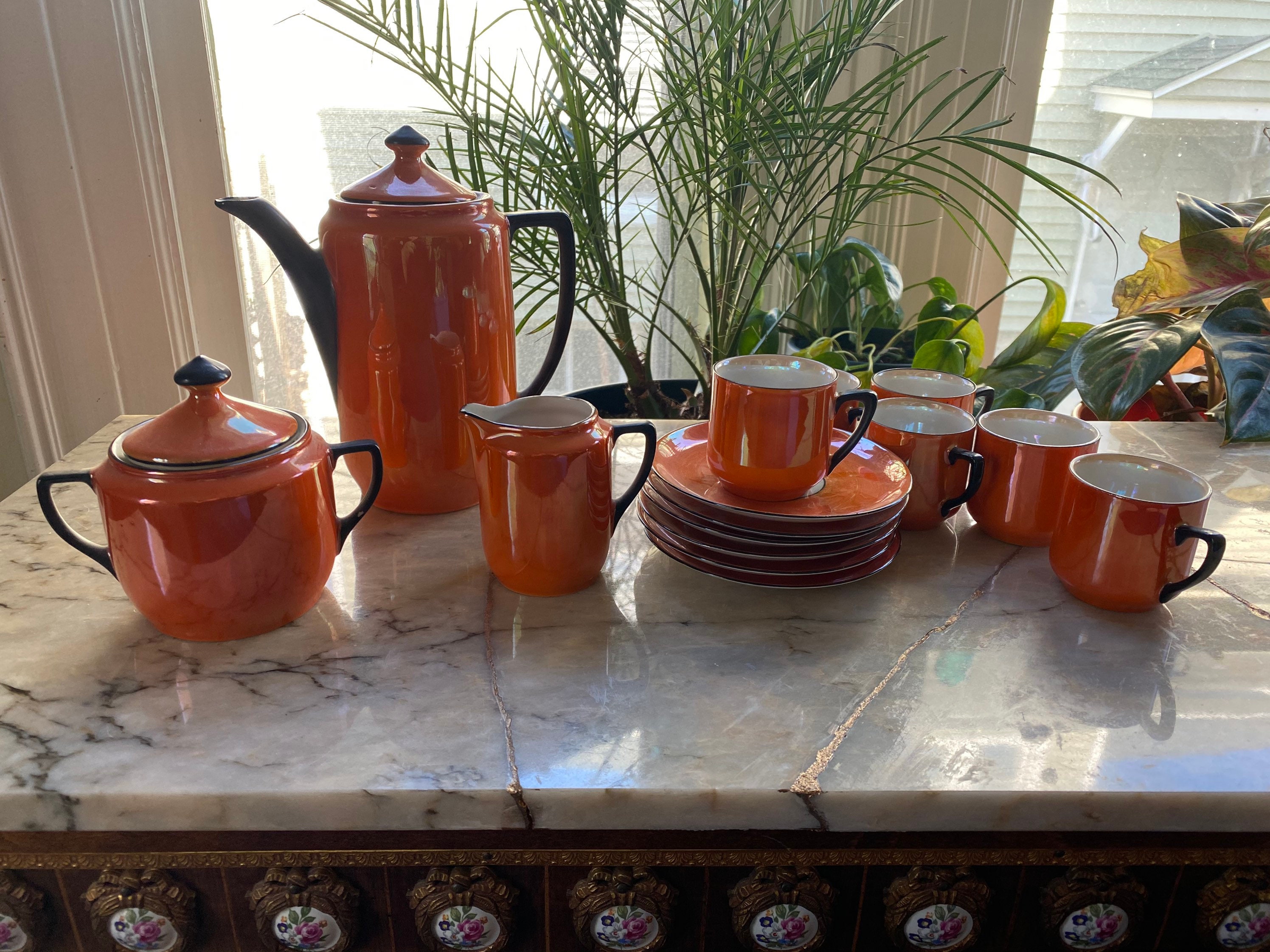 Vintage Iridescent Lusterware Orange Tea Set Etsy