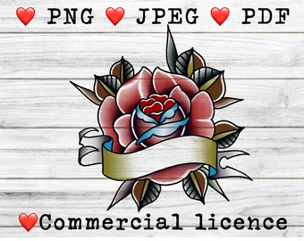 Valentines day Rose and banner PNG, JPEG downloadable wall art, commercial licence clipart