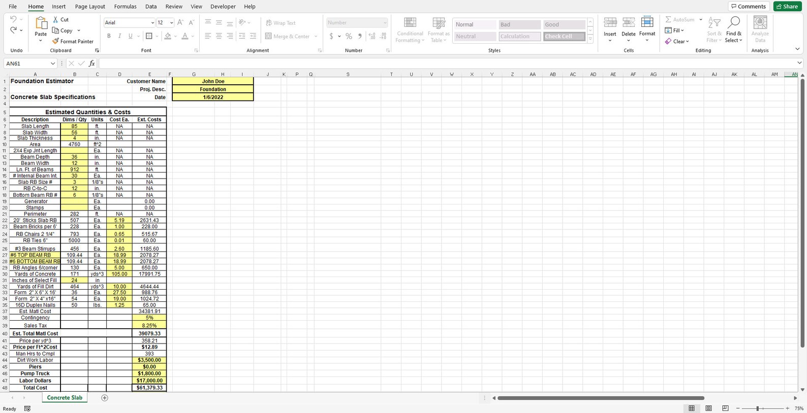 Foundation Estimator Spreadsheet Etsy