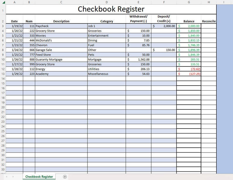 Checkbook Register Excel Spreadsheet Etsy