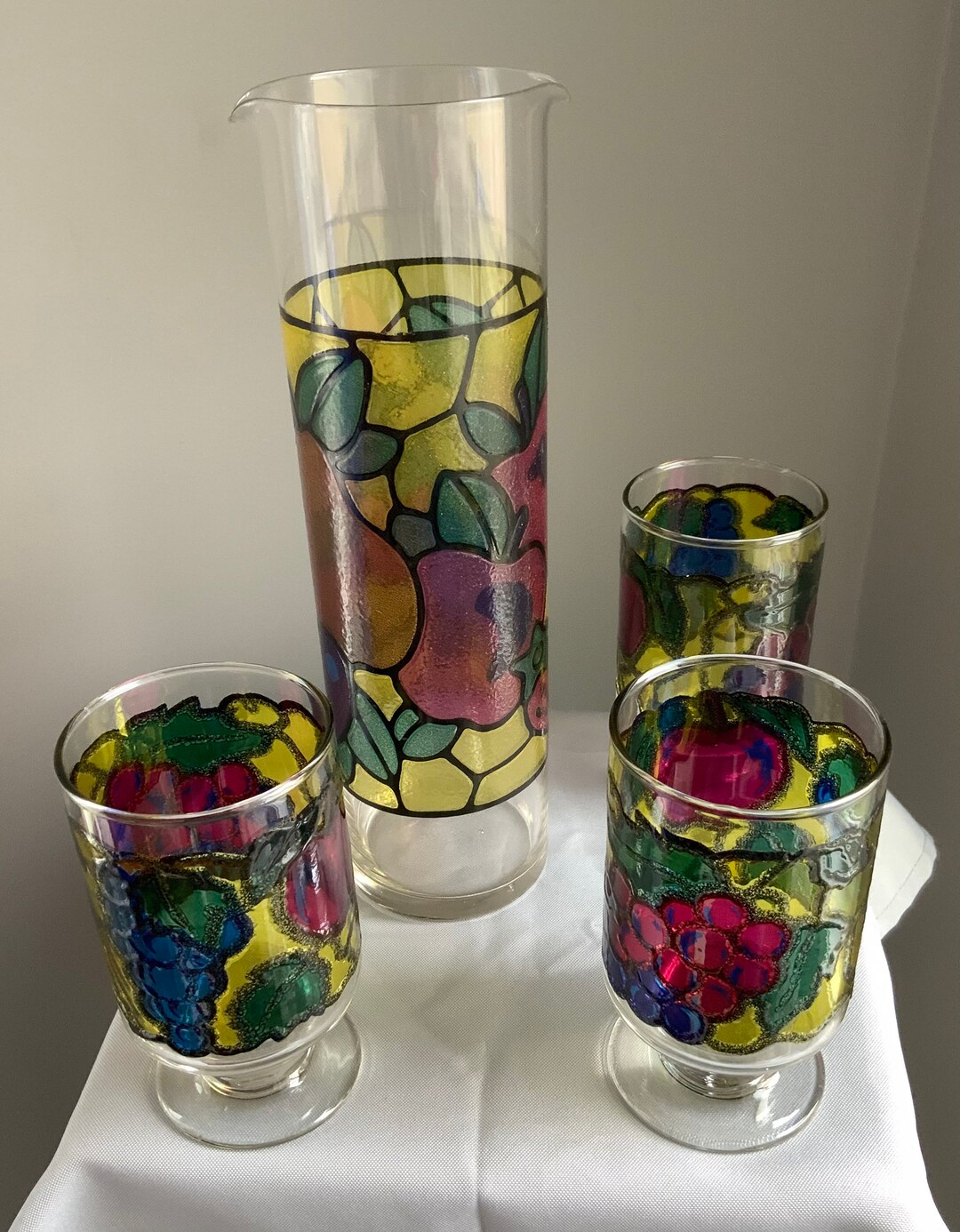 Groovy 1970s Stained Glass Fruit Pattern Cocktail Mixer Pitcher and 3