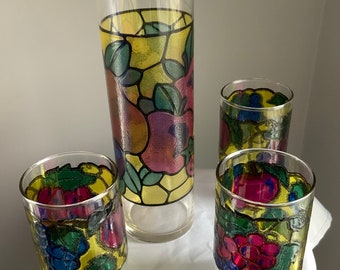 Groovy 1970’s Stained Glass Fruit Pattern Cocktail Mixer Pitcher and 3 Footed 4 Oz. Glasses