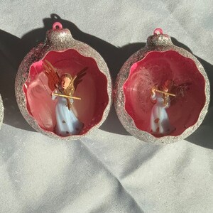 Set of 4 Vintage Diorama Angels in Silver Glitter Sphere Ornaments