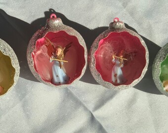 Set of 4 Vintage Diorama Angels in Silver Glitter Sphere Ornaments