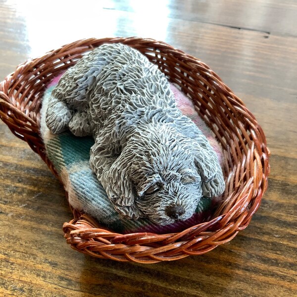 Vintage Sandicast “Curly” Terrier/Poodle Gray Puppy in Wicker Bed with Cushion