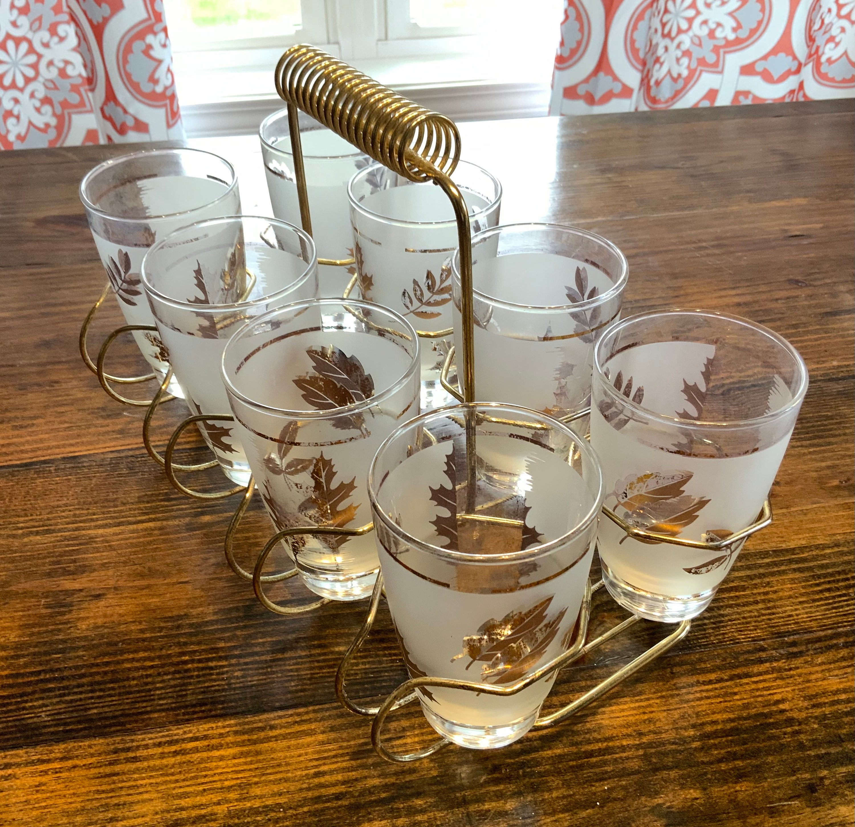 Golden Foliage Leaf Highball Glasses Set of 8 and Ice Bucket by Libby Glass
