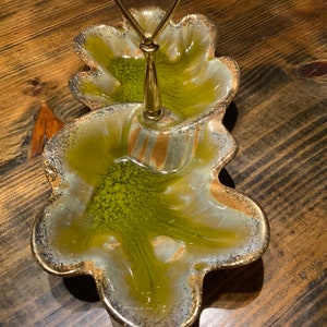 Vintage MCM 13”x6” Handled Double Leaf Glazed Bon Bon Candy Dish