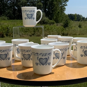 Set of 12 Blue Hearts by Corning Vintage Coffee Mug Set 1990s