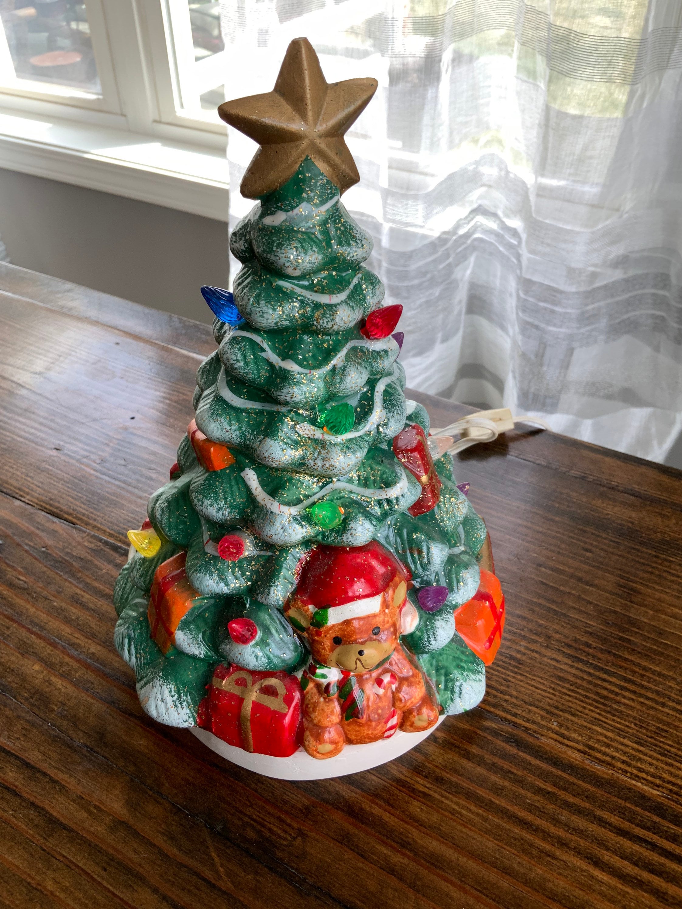 置物 Christmas tree Vintage Ceramic Lighted Christmas Tree With Teddy Bear and Gold