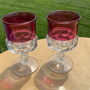 Vintage Tiffin Kings Crown Cranberry W/ Thumbprint Footed Wine Goblets