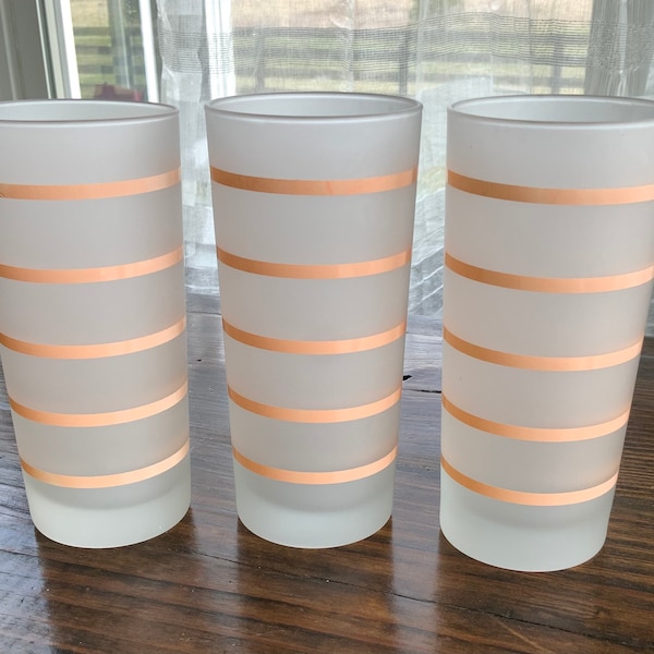 Vintage Mid Century Frosted Collins Glasses with Peach Stripes Set of 3