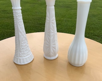 Set of 3 White Milk Glass Bud Vases