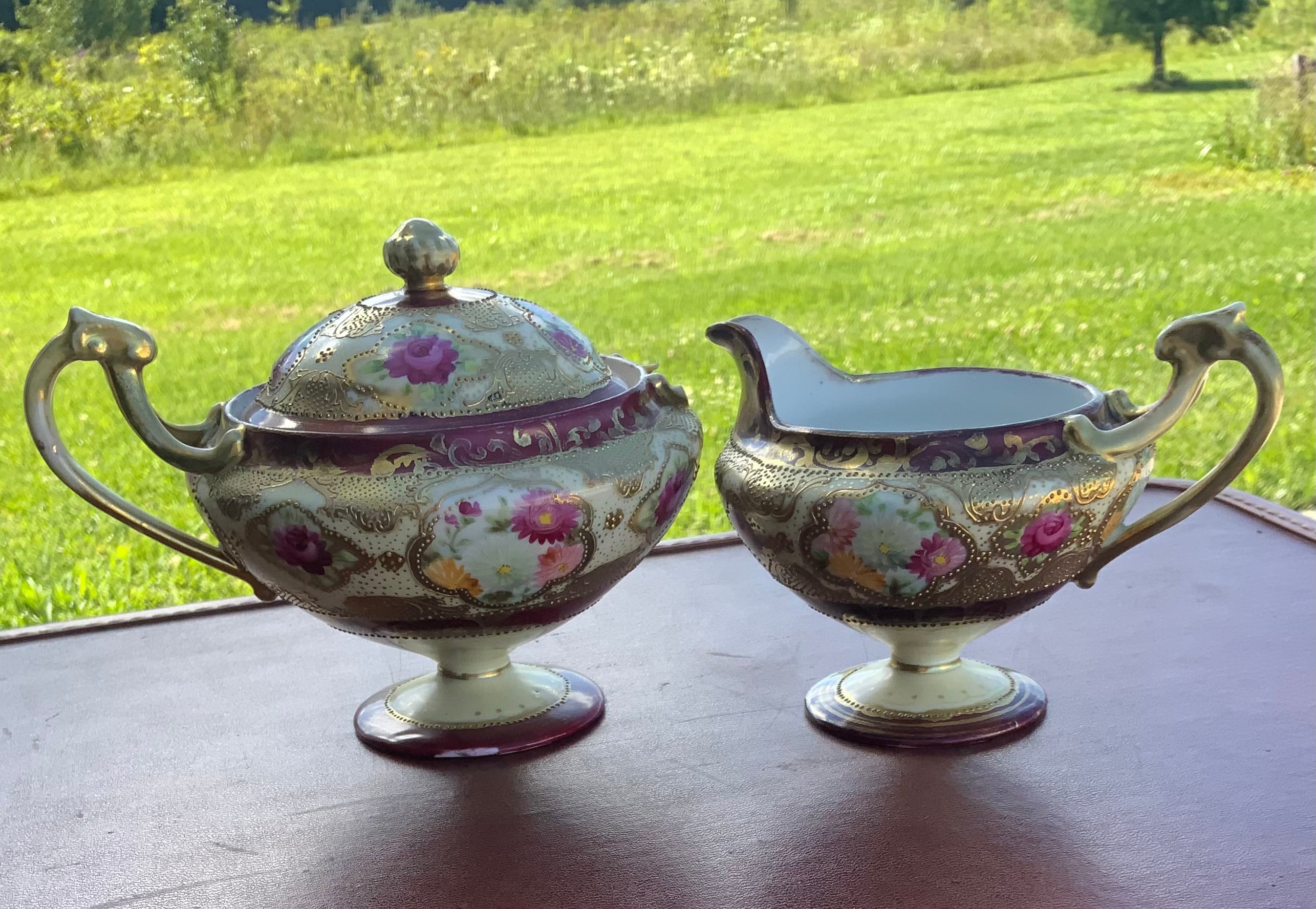 Antique Nippon Gold Moriage Maple Leaf Stamped Footed Creamer and