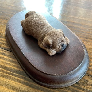 Vintage Sandicast Adorable Sleeping Pug Statuette on Wooden Platform