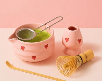 Pink Matcha Tea Ceramic Complete Set Kit, Aesthetic Heart Japanese Matcha Bowl + Whisk Scoop & Sieve Cute Kitchen Gift Her Valentines Day