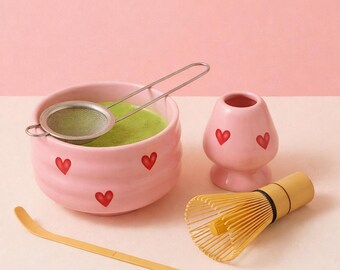 Pink Matcha Tea Ceramic Complete Set Kit, Aesthetic Heart Japanese Matcha Bowl + Whisk Scoop & Sieve Cute Kitchen Gift Her Valentines Day