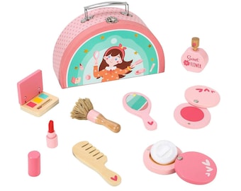 Wooden Makeup Pretend Play Toy Set Vanity Beauty Cosmetic Make Up Kit with Cute Case Makeover Role Play Games