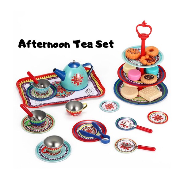 Role Play Vintage Style Metal Tea & Cakes Set for Kids - 40 PCS Colourful Design Toy Tea Party Set