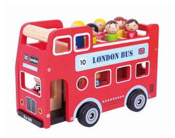 Wooden London Original Double Decker Sight Seeing Red Bus with Drive and Passengers