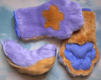 Fursuit Handpaws + Nub Tail- gold + lavender, for furries or cosplayers. Read description