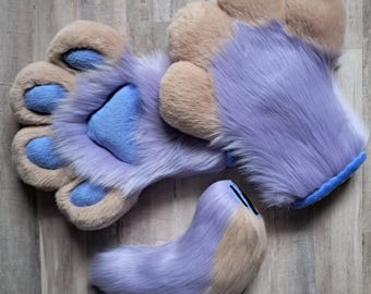 Fursuit Handpaws + Nub Tail- lavender + sandstone, 4 fingers, no claws