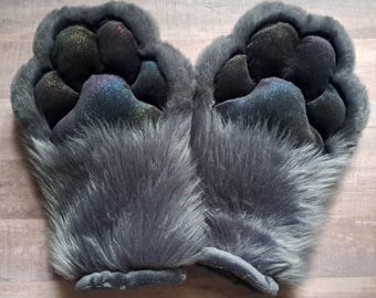 Fursuit Handpaws- dark gray with rainbow