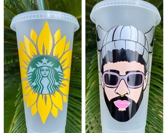 bad bunny starbucks cold cup, grammys, bad bunny grammys, sunflower, bad bunny custom cup, benito cup