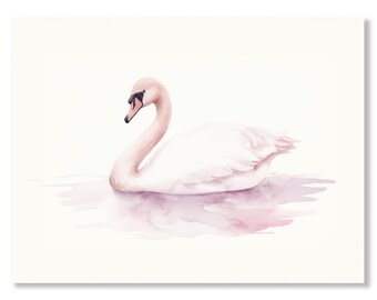 Swan print, Pink nursery watercolor painting, Cute girl balletcore artwork, Soft blush above crib decor,  Vintage gallery wall art printable