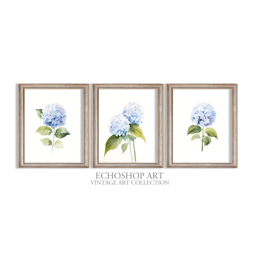 Blue Hydrangea Printable Print Set of 3, Cute Apartment Decor, Coquette ...