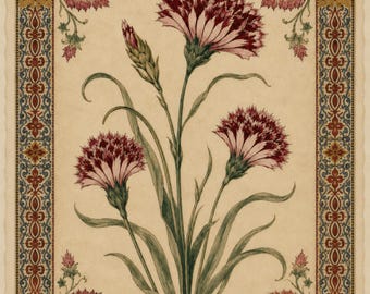 Goździk osmański, botaniczny nadruk, turecka sztuka ścienna w stylu vintage, dekoracja w kolorze czerwonym i niebieskim w stylu antycznym