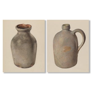 May include: Two antique stoneware jugs. One jug is a simple, cylindrical shape with a wide opening. The other jug has a rounded body, a handle, and a narrow neck. Both jugs have a mottled gray-brown color and a rustic appearance.